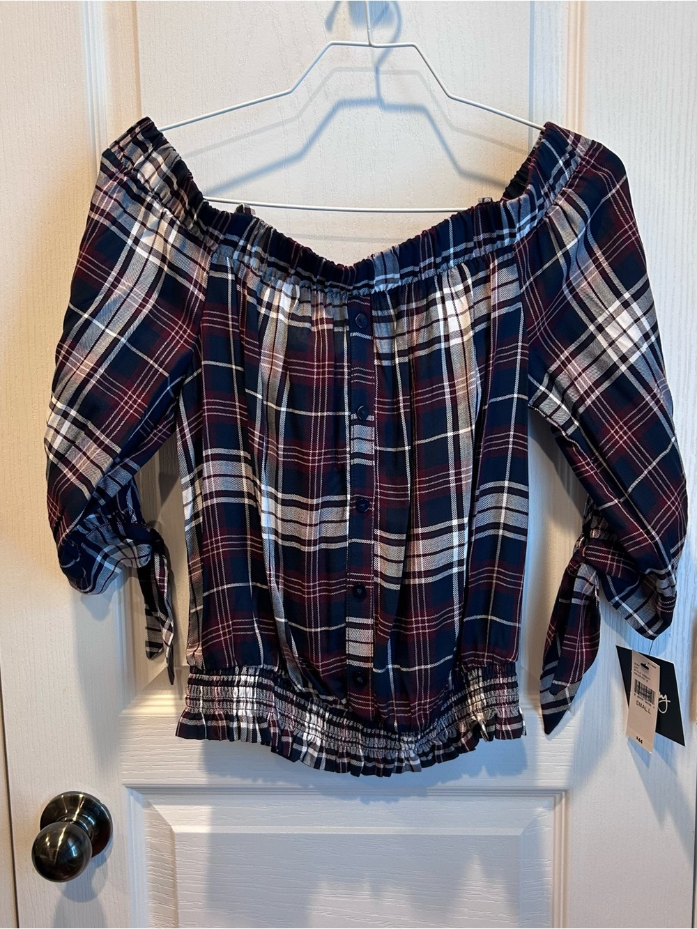 NWT by & by Women's Navy Plaid On/Off Shoulder Faux Button Front Top Small